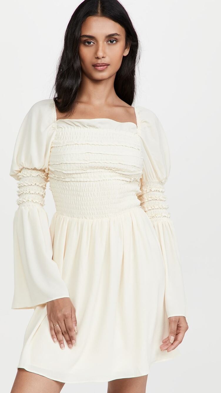 o.p.t Luanne Cream Square Neck Puff Long Sleeve Smocked Mini Dress Size XS